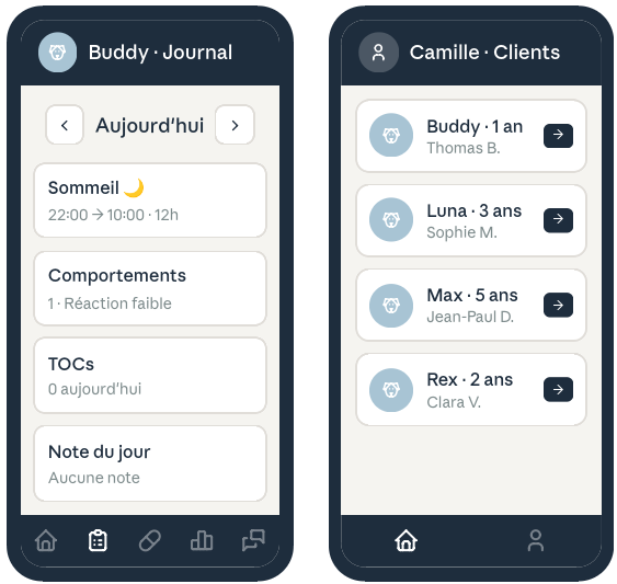 Aperçu mobile de Séquence, côté propriétaire et côté professionnel