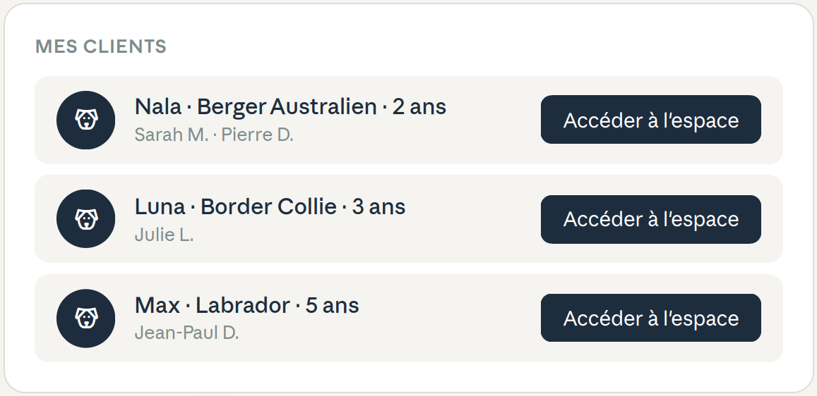 Aperçu de la liste des clients, côté professionnel